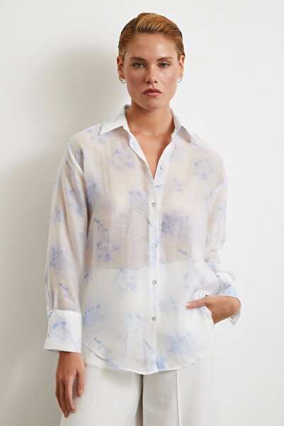 Never more Organze Desenli Tül Gömlek Mavi