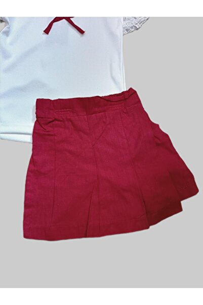 Kamex Dantel Kol Detaylı T-shirt Şort Etek Kız Çocuk Takım Kırmızı