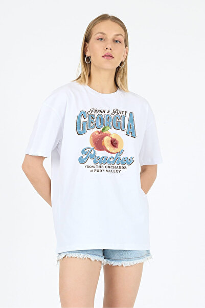 Vooya Fashion تي شيرت نسائي أبيض من القطن كبير الحجم مطبوع عليه جورجيا الخوخ