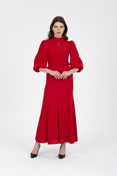 Stylish Red crepe maxi dress with high neck (with belt)