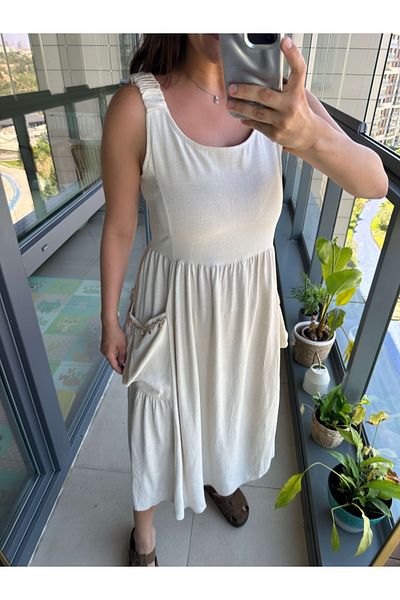Elif Özbey Butik Ecru Linen Dress with Seashell Detail