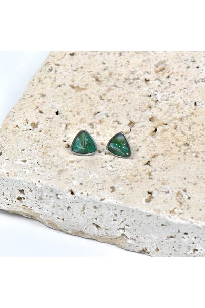 NARRU Handmade NARRU earrings, stylized triangle, green, gray and silver, Vasia