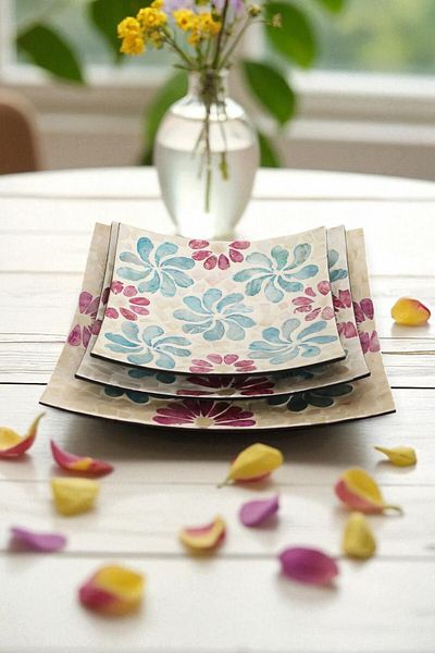 oceanpoint Embroidered, 3-Piece, Hand-Painted, Floral, Presentation Plate Set, Square Form, Pearl Appearance