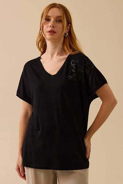 SEÇİL Seçil Women's V-Neck Embroidered Combed Cotton Blouse 0008 Black