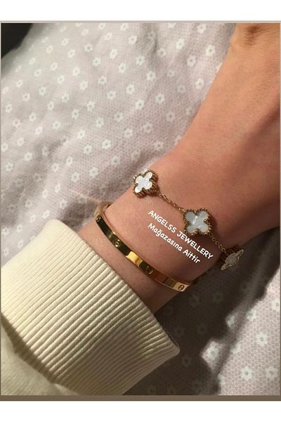 ANGELSS JEWELLERY 2-Piece Combination White Clover Model Bracelet Brand Model Handcuffs Gold Bracelet Set Van Cleeff