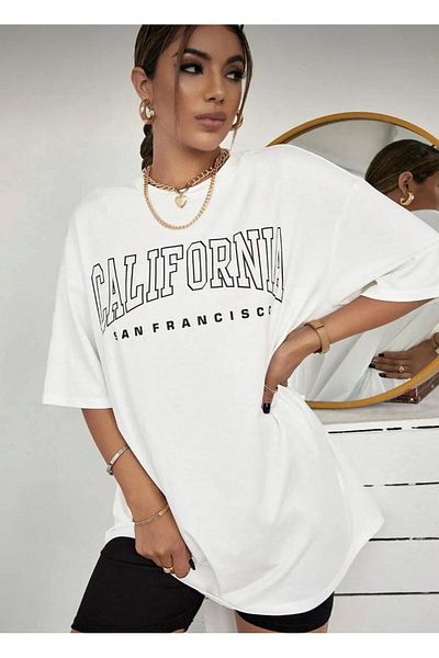 khufu Tricou oversize din bumbac alb CALIFORNIA SAN FRANCISCO Imprimat cu croiala confortabilă unisex
