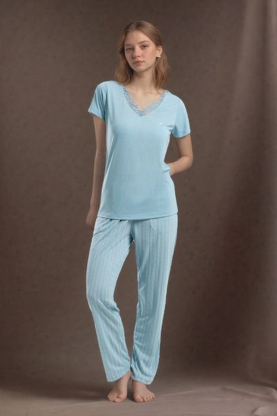 Pierre Cardin Set pijamale din viscoză albastră cu mânecă scurtă pentru femei Q9P0K0C9K