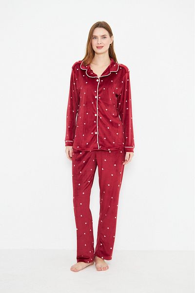 seamlife Women's Cotton Luxury Velvet Burgundy Heart Shirt Collar Buttoned White Piping Pajama Set