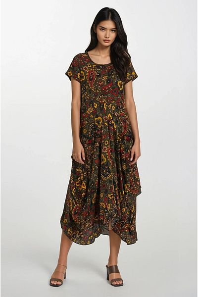 VAGGON Women's Khaki Bag Pocket Skirt Asymmetrical Cut Flange and Tassel Detailed Sleeveless Summer Dress Prmx13593