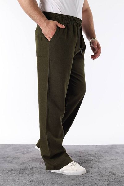 STOCX Men's Khaki Color Elastic Waist Relaxed Fit Linen Trousers