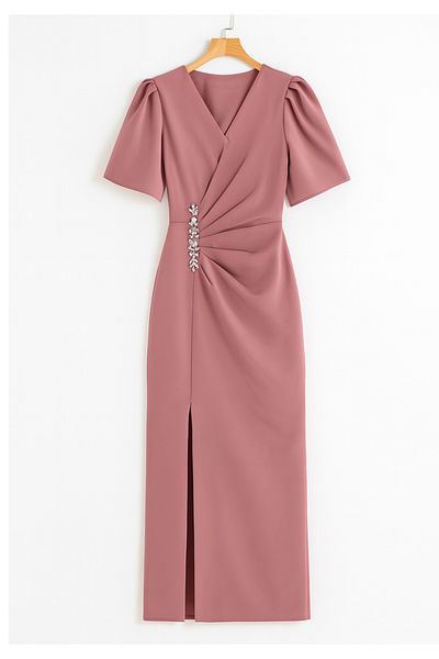 Little Visqon Rochie de damă cu mâneci scurte, guler dublu, talie, accesorii florale, cu fantă, rochie creponată importată