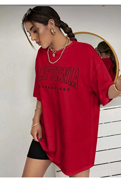khufu Oversize Cotton Red Color California San Francisco Printed Relaxed Fit T-Shirt Unisex