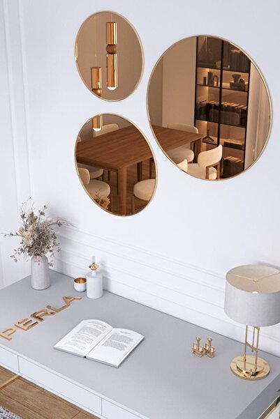 ysnn aksesuar 3' lü gold renk metal cerceveli bronz ayna takımı