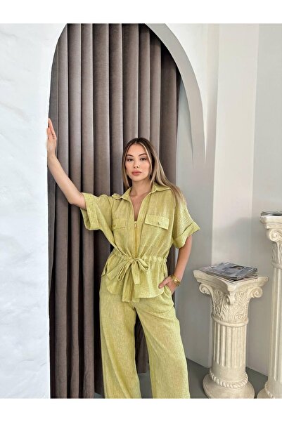 Ekim Store Safari Keten Fermuarlı Ceket Pantolon Takım
