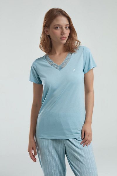 Pierre Cardin Set pijamale din viscoză albastră cu mânecă scurtă pentru femei Q9P0K0C9K