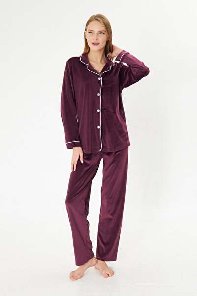 seamlife Kadın Pamuklu Luxury Kadife Mor Gömlek Yaka Boydan Düğmeli Beyaz Biyeli Pijama Takımı