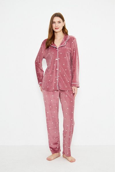 seamlife Women's Cotton Luxury Velvet Dusty Rose Heart Shirt Collar Buttoned White Piping Pajama Set
