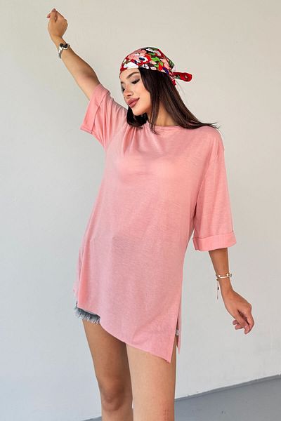 Cappmoda T-20 Powder Double Sleeve Detail Side Slit Crew Neck Basic T-Shirt