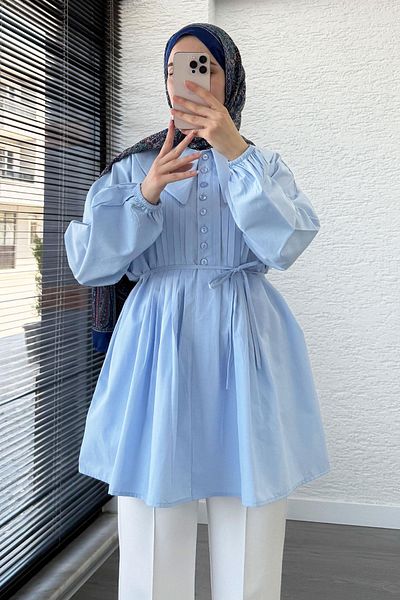 MELEK ARAZ Baby Collar Rib Detailed Belted Poplin Tunic - Blue