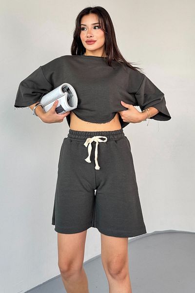 Cappmoda Tkm-03598 Smoked Color Dirty Stitched Drawstring Crop Shorts Suit