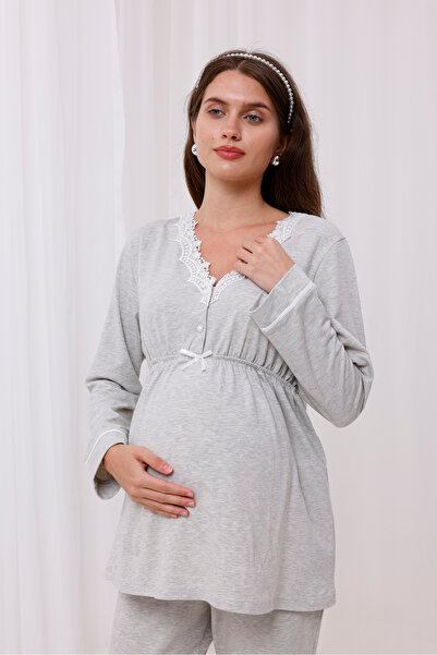 Yulem Homewear Bej Melanj Yaka Dantelli Pamuklu Lohusa Hamile Pijama Takım 2'li Set