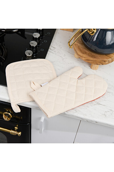 Evidea Soft Fırın Eldiven Tutaç Seti - Kiremit / Ekru