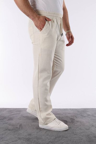 STOCX Men's Light Beige Color Elastic Waist Relaxed Fit Linen Trousers