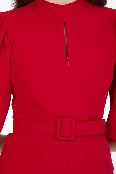 Stylish Red crepe maxi dress with high neck (with belt)