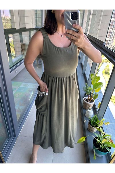 Elif Özbey Butik Khaki Linen Dress with Seashell Detail