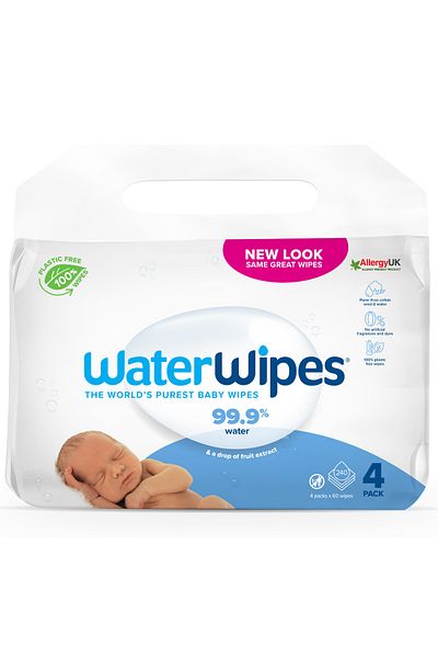 WaterWipes Original Plastic Free Baby Wipes,240 wet wipes (4 packs),99.9% Water Based & Sensitive Skin