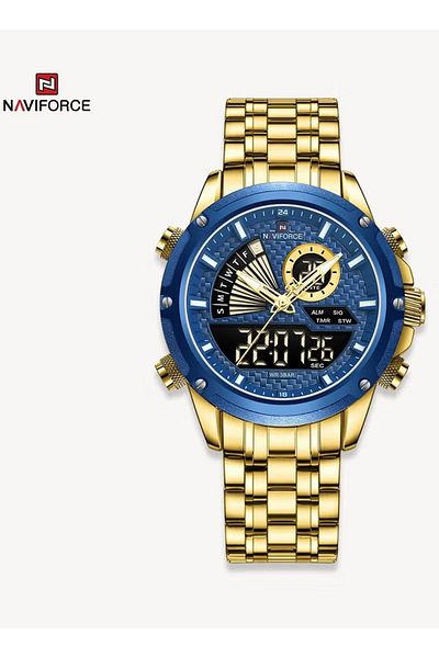 Naviforce Men's Gold & Blue Analog-Digital Watch – 44mm Quartz, Stainless Steel Strap, Waterproof