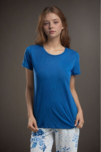 Pierre Cardin Women's Short Sleeve Wide Collar Navy Blue Viscose Pajamas Set Q9P0K7C9K