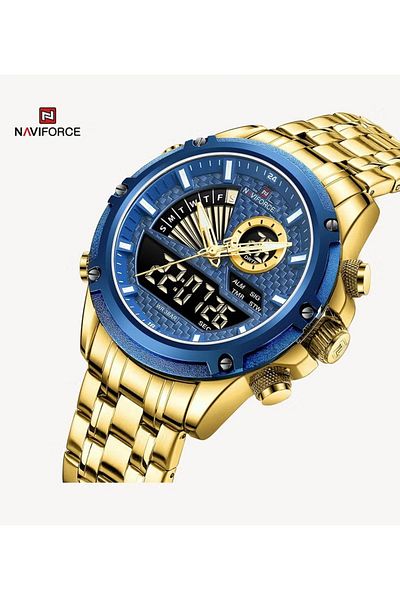 Naviforce Men's Gold & Blue Analog-Digital Watch – 44mm Quartz, Stainless Steel Strap, Waterproof