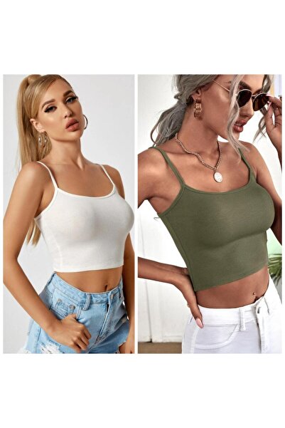 Lorya Giyim Kadın 2'li Paket İNCE ASKILI Fitilli Crop Basıc ATLET bluz