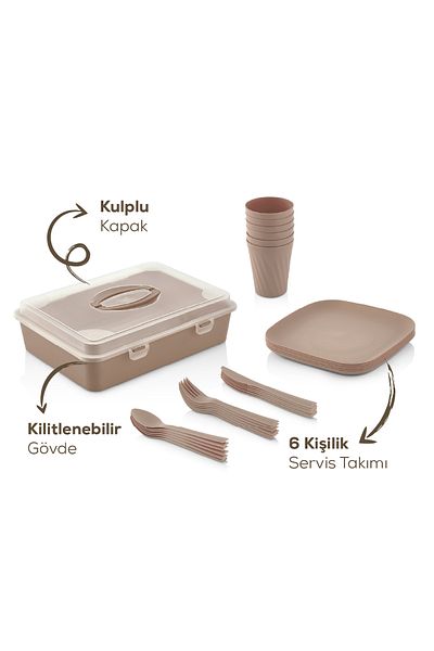 Vienev 32 Piece Portable Picnic Set for 6 People - Beige with Storage Box