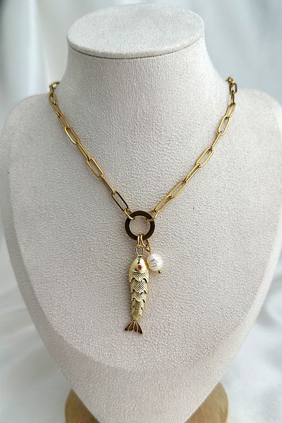 Modex Steel Pearl Detail Enamel Fish Bone Necklace (46cm)
