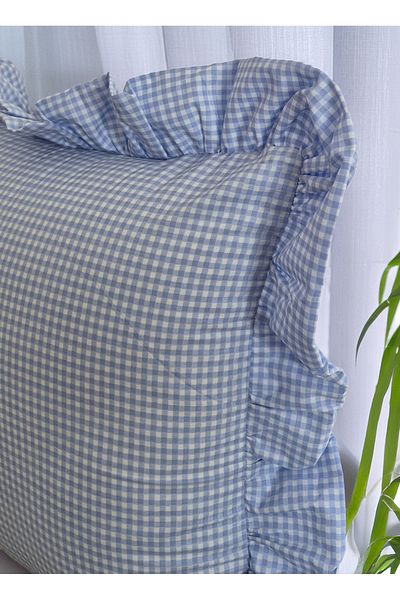 ASDİVA Melma Potikareli Ruffled 100% Cotton Throw Pillow Cover - Blue 45X45 cm