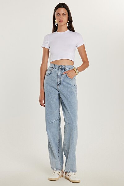 Tudors Kadın Regular Fit Tokalı Geniş Paça Baggy Mavi Jean Kot Pantolon