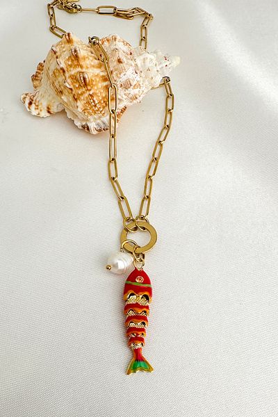 Modex Steel Pearl Detail Enamel Fish Bone Necklace (46cm)