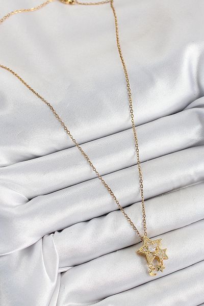 Clariss 316L Steel Zircon Stone Dangle Star Model Gold Color Women's Necklace