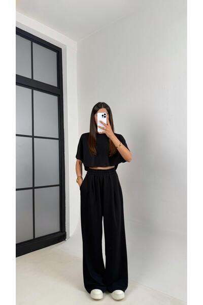 Gaus Siyah Crop Beli Lastikli Palazzo Eşofman İkili Modal Kumaş Takım Gaus00545