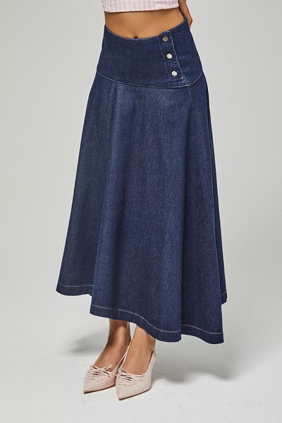its basic Women's Indigo Color 7W5-50 Maxi Size Bell Cut a Type 100% Cotton Denim Skirt