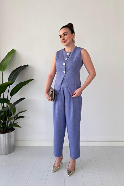 MaziButik Metal Button Vest Suit Blue