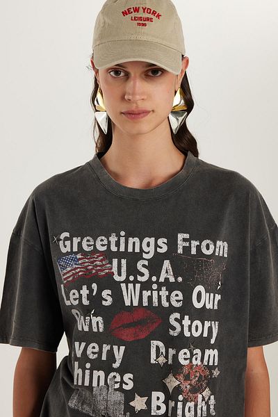 Tudors Women's Regular Fit Classic Cut 100% Cotton Short Sleeve Crew Neck Printed Anthracite T-Shirt