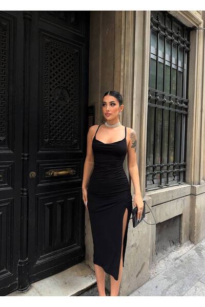 LAVİNİA Askılı yırtmaçlı elbise