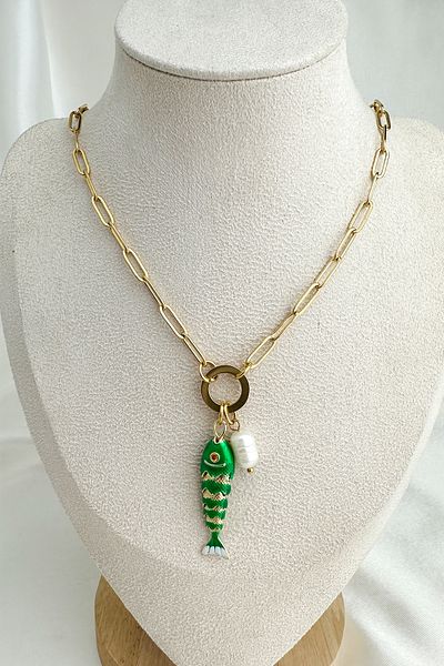 Modex Steel Pearl Detail Enamel Fish Bone Necklace (46cm)