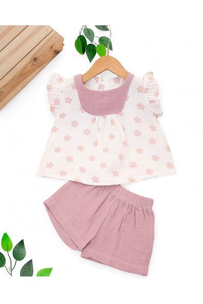 Ege Bebek Baby Girl Summer Muslin Set / Baby Girl Set with Daisy Printed Collar Detail and Shorts