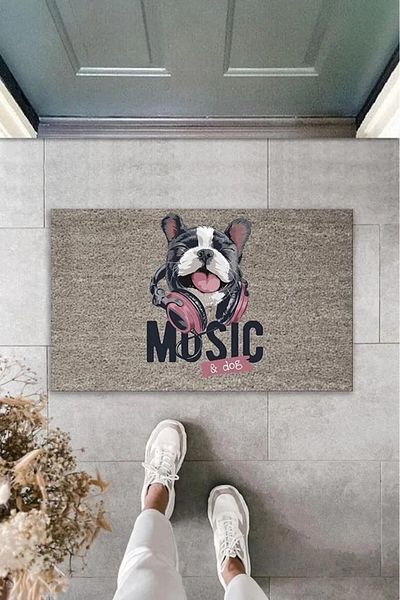 Mu Art Ahşap Digital Printing Gray Music Written Dog Decorative Door Mat with Headphones K-2043