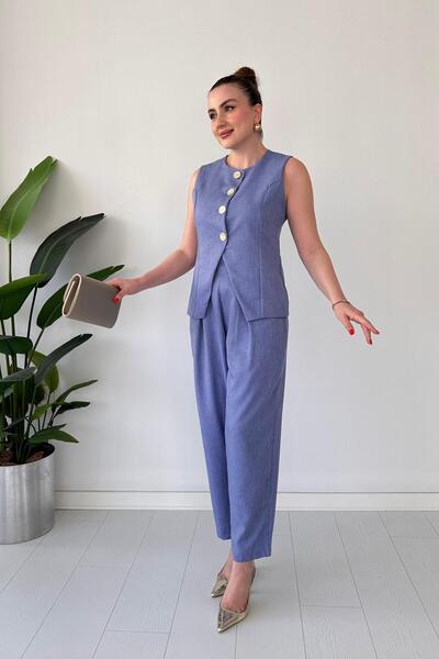 MaziButik Metal Button Vest Suit Blue