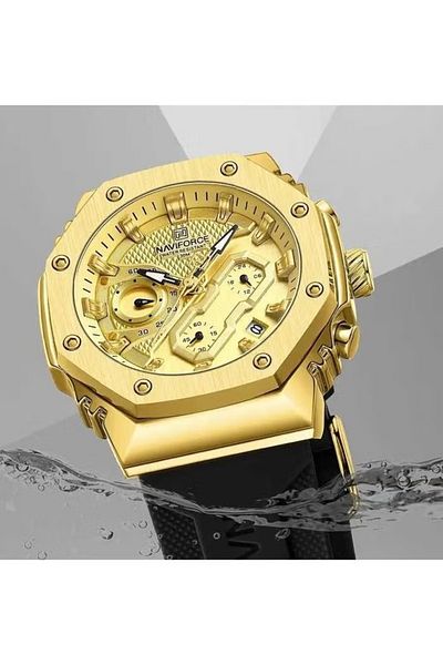 Naviforce Men's Gold Luxury Sport Watch – Multifunctional Chronograph Waterproof Black Silicone Strap
